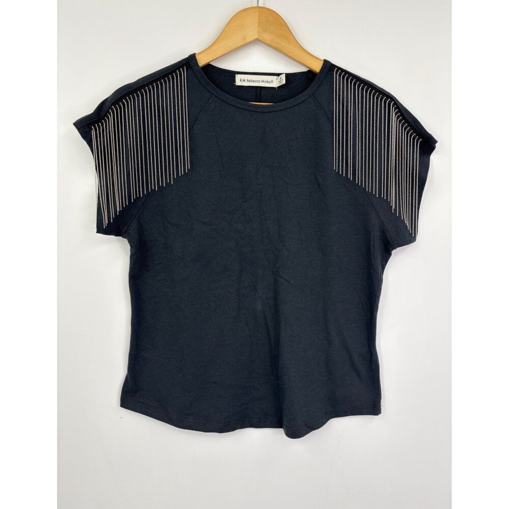 RM Rebecca Minkoff Fringe Shoulder Short Sleeve Tee Black Medium NWOT